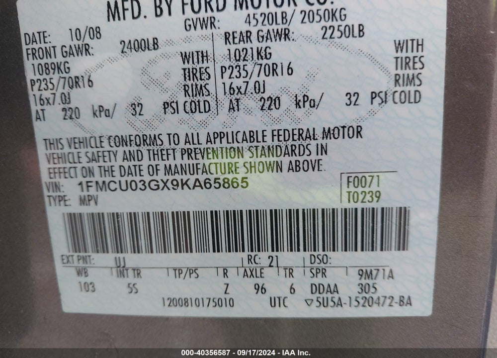 2009 FORD ESCAPE XLT VIN: 1FMCU03GX9KA65865