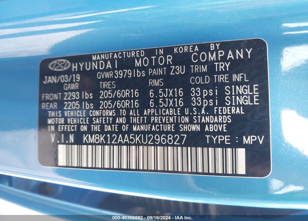 2019 HYUNDAI KONA SE VIN: KM8K12AA5KU296827