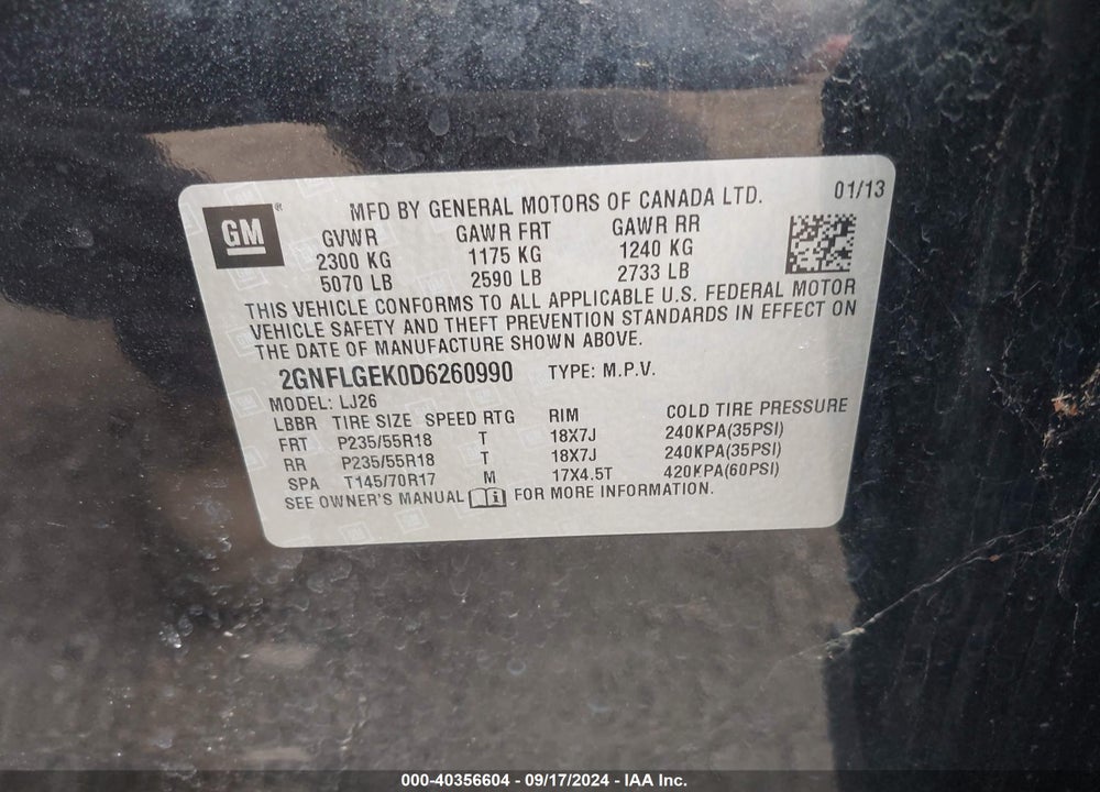 2013 CHEVROLET EQUINOX LTZ VIN: 2GNFLGEK0D6260990