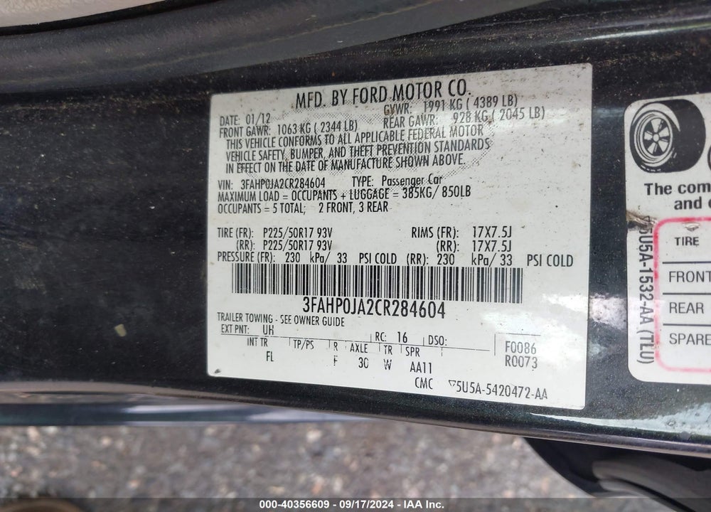 2012 FORD FUSION SEL VIN: 3FAHP0JA2CR284604