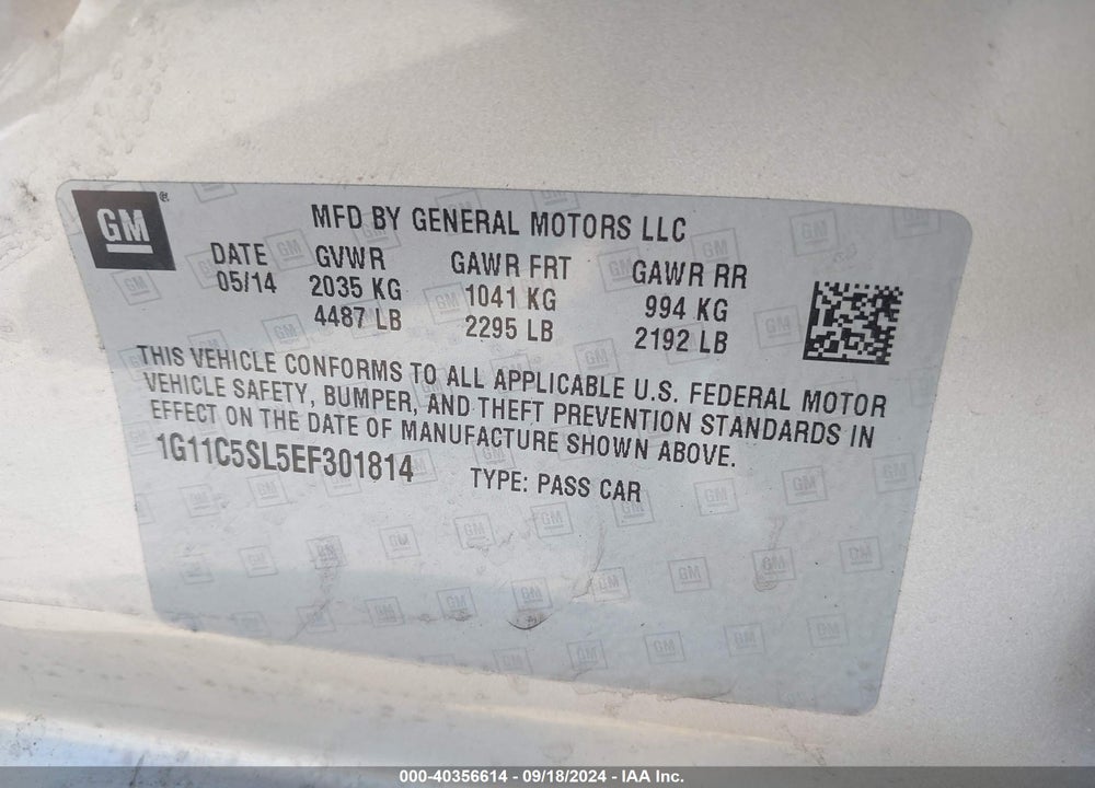 2014 CHEVROLET MALIBU 1LT VIN: 1G11C5SL5EF301814