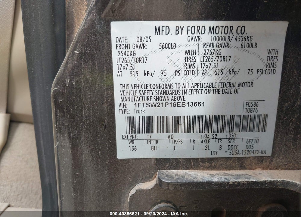 2006 FORD F-250 AMARILLO/LARIAT/XL/XLT VIN: 1FTSW21P16EB13661