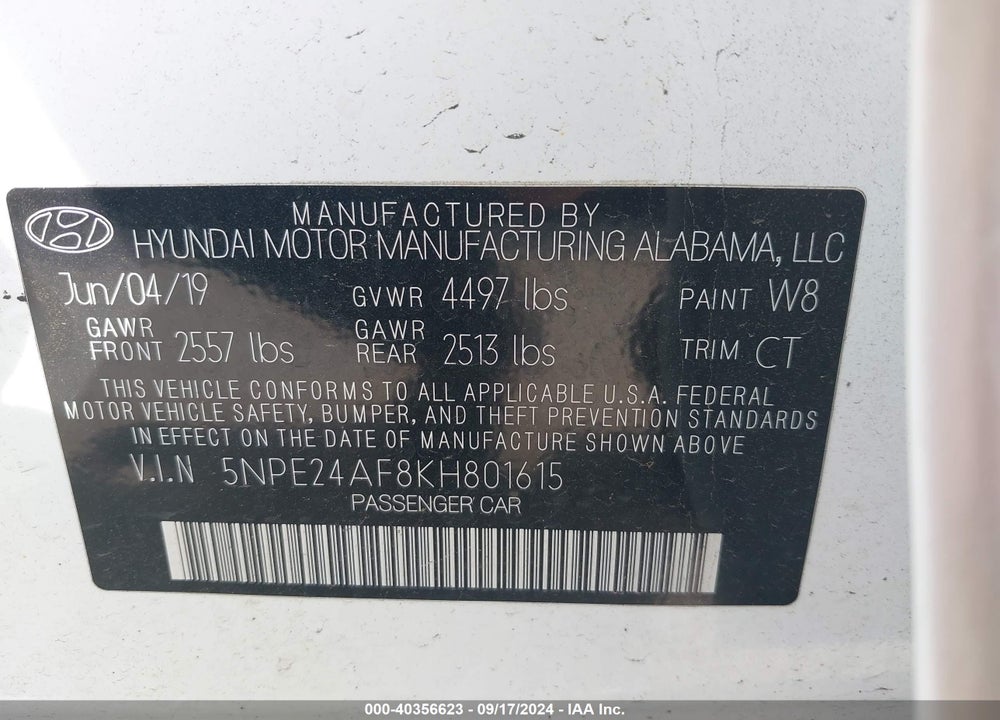 2019 HYUNDAI SONATA SE VIN: 5NPE24AF8KH801615