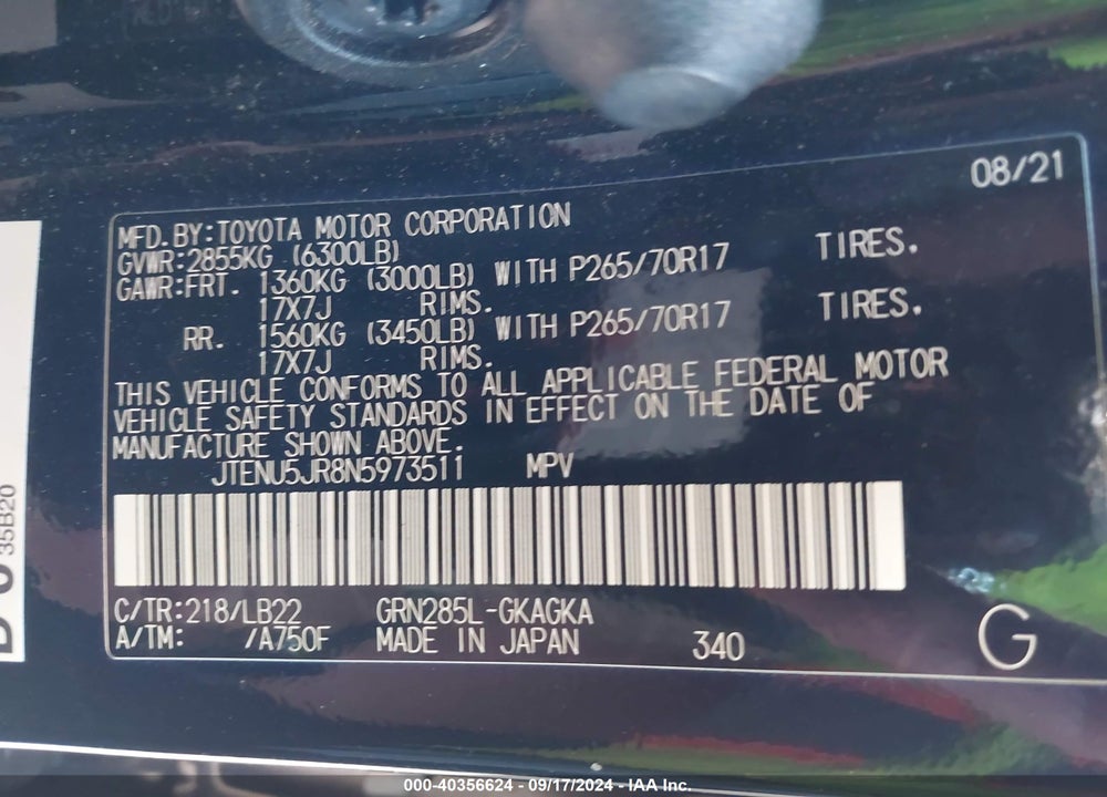 2022 TOYOTA 4RUNNER SR5 PREMIUM VIN: JTENU5JR8N5973511