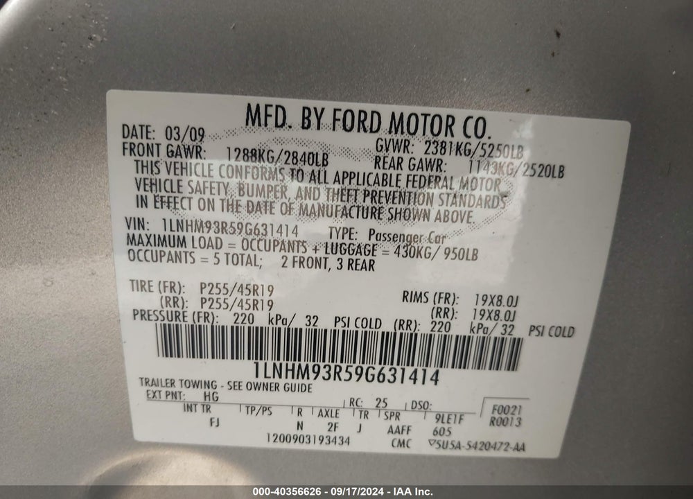 2009 LINCOLN MKS VIN: 1LNHM93R59G631414