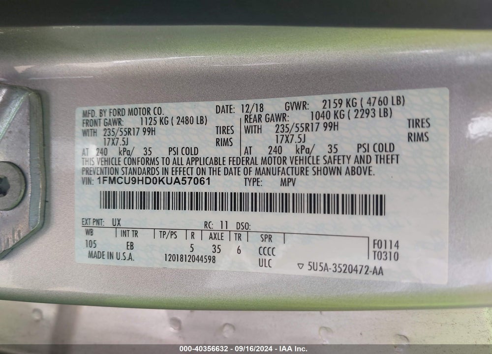 2019 FORD ESCAPE SEL VIN: 1FMCU9HD0KUA57061