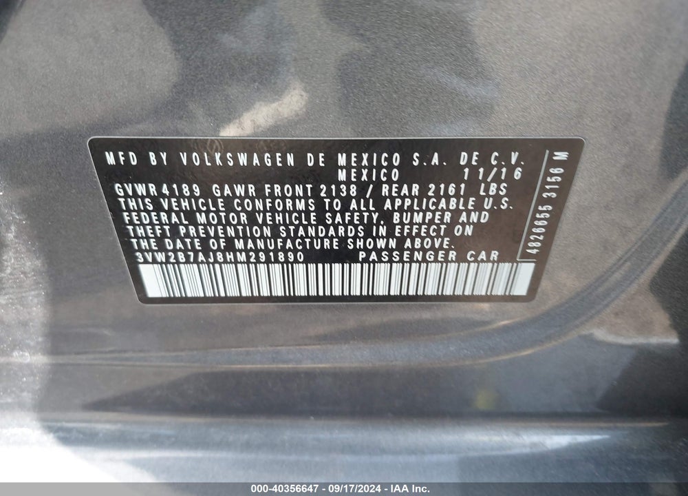 2017 VOLKSWAGEN JETTA 1.4T S VIN: 3VW2B7AJ8HM291890