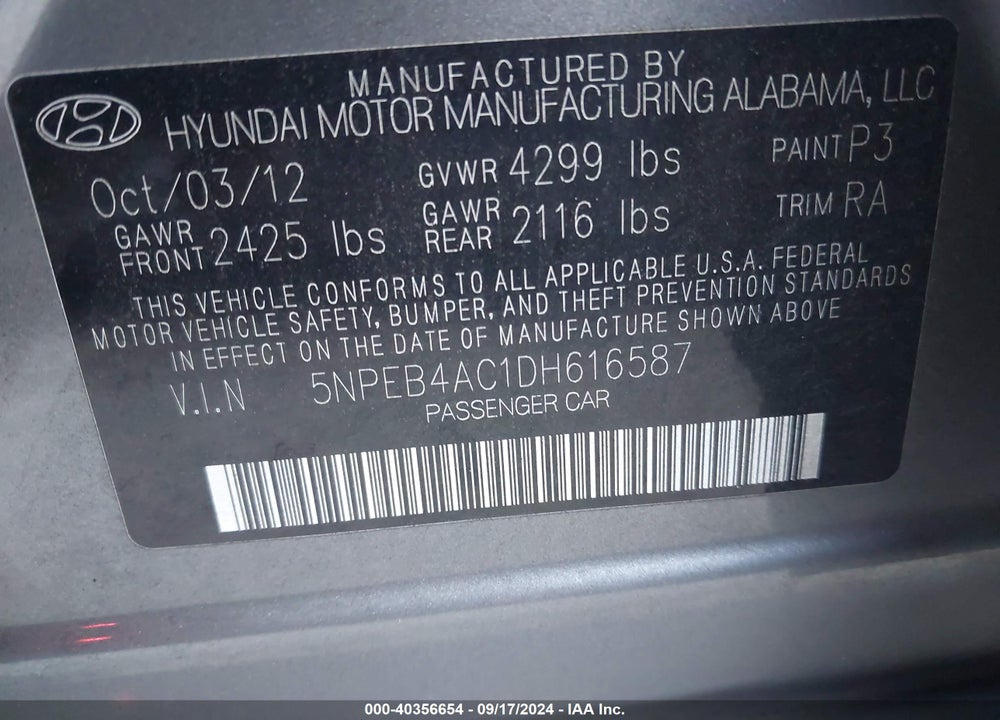 2013 HYUNDAI SONATA GLS VIN: 5NPEB4AC1DH616587