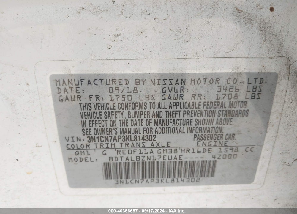 2019 NISSAN VERSA 1.6 SV VIN: 3N1CN7AP3KL814302