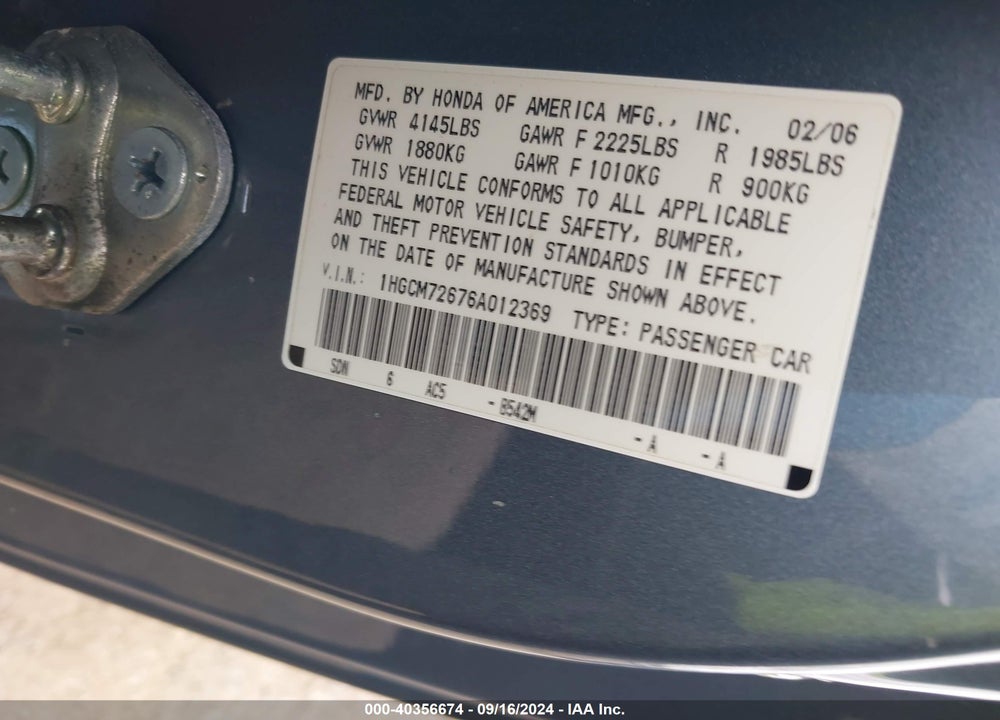 2006 HONDA ACCORD 2.4 EX VIN: 1HGCM72676A012369