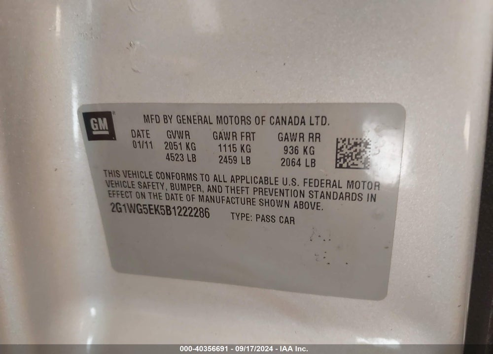2011 CHEVROLET IMPALA LT VIN: 2G1WG5EK5B1222286
