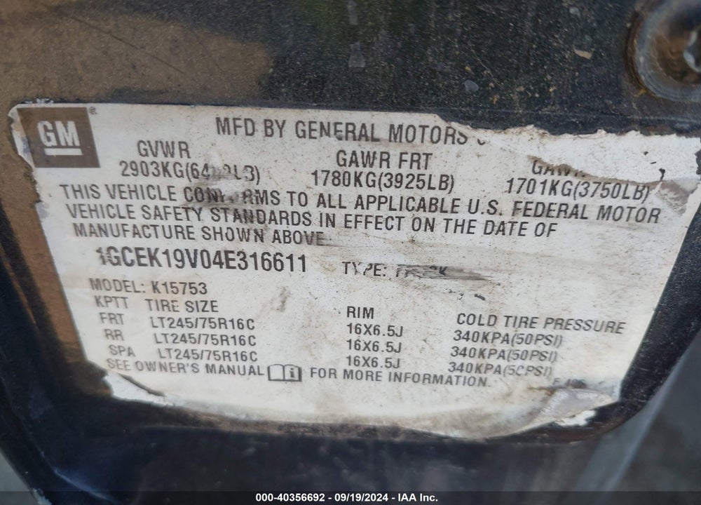 2004 CHEVROLET SILVERADO 1500 VIN: 1GCEK19V04E316611