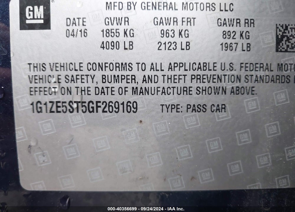 2016 CHEVROLET MALIBU 1LT VIN: 1G1ZE5ST5GF269169
