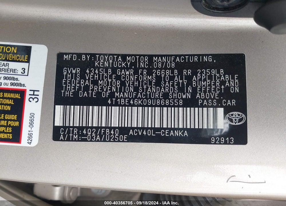 2009 TOYOTA CAMRY LE VIN: 4T1BE46K09U868558