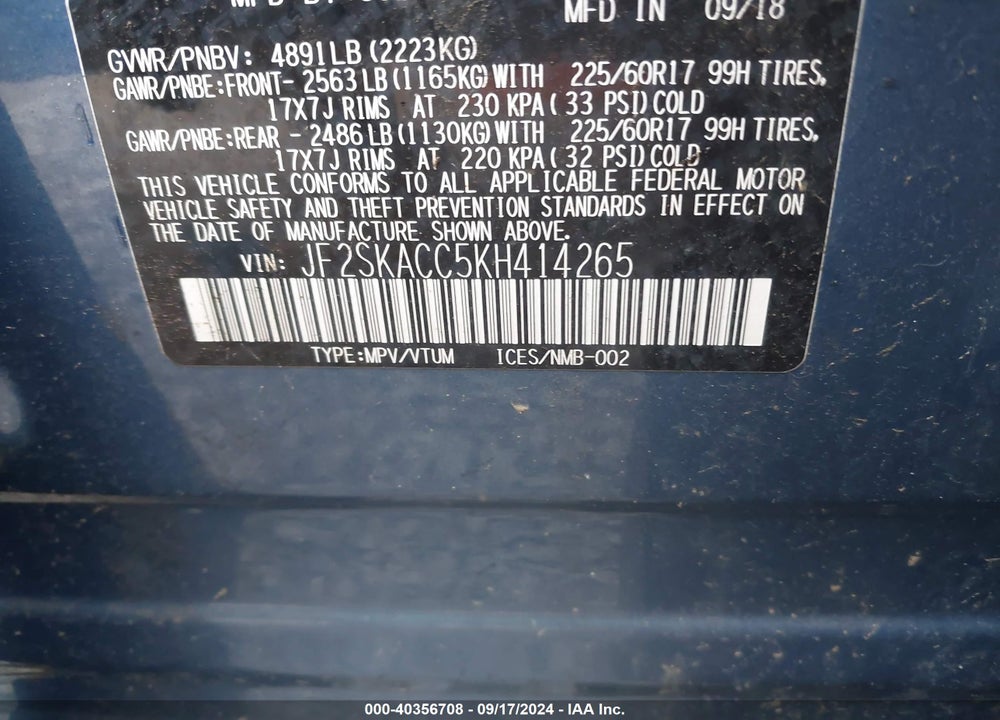 2019 SUBARU FORESTER VIN: JF2SKACC5KH414265