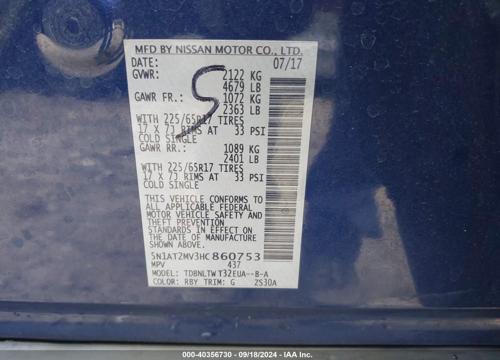 2017 NISSAN ROGUE SV VIN: 5N1AT2MV3HC860753