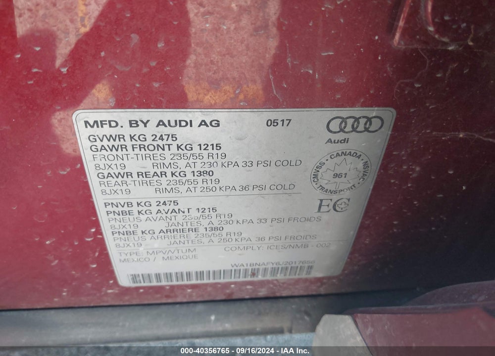 2018 AUDI Q5 2.0T PREMIUM/2.0T TECH PREMIUM VIN: WA1BNAFY6J2017656