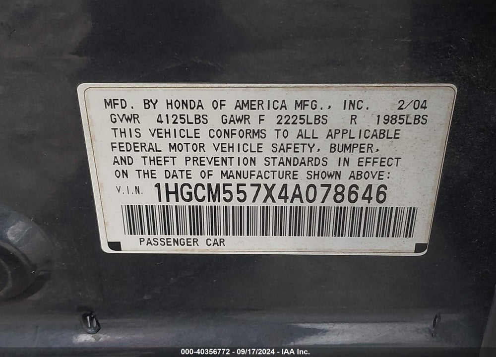 2004 HONDA ACCORD 2.4 EX VIN: 1HGCM557X4A078646