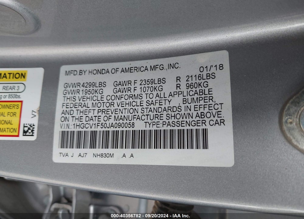2018 HONDA ACCORD VIN: 1HGCV1F50JA090058