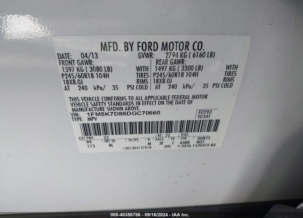 2013 FORD EXPLORER XLT VIN: 1FM5K7D86DGC70660