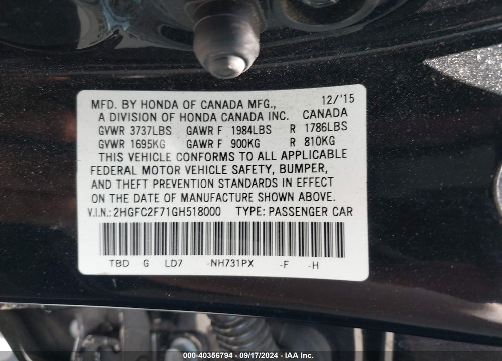 2016 HONDA CIVIC EX-T VIN: 2HGFC1F41GH518000