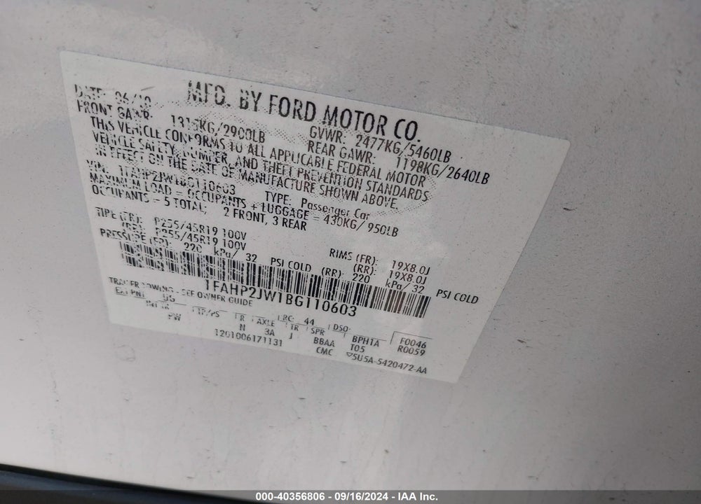 2011 FORD TAURUS LIMITED VIN: 1FAHP2JW1BG110603