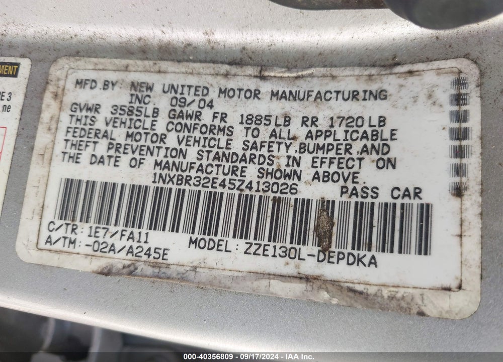 2005 TOYOTA COROLLA CE VIN: 1NXBR32E45Z413026
