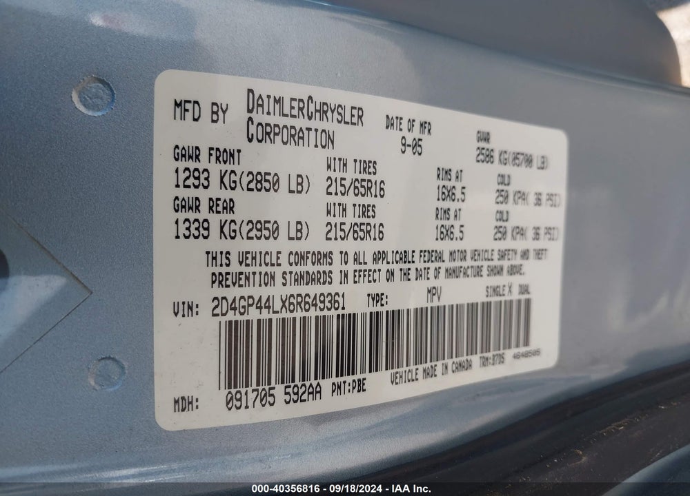 2006 DODGE GRAND CARAVAN SXT VIN: 2D4GP44LX6R649361