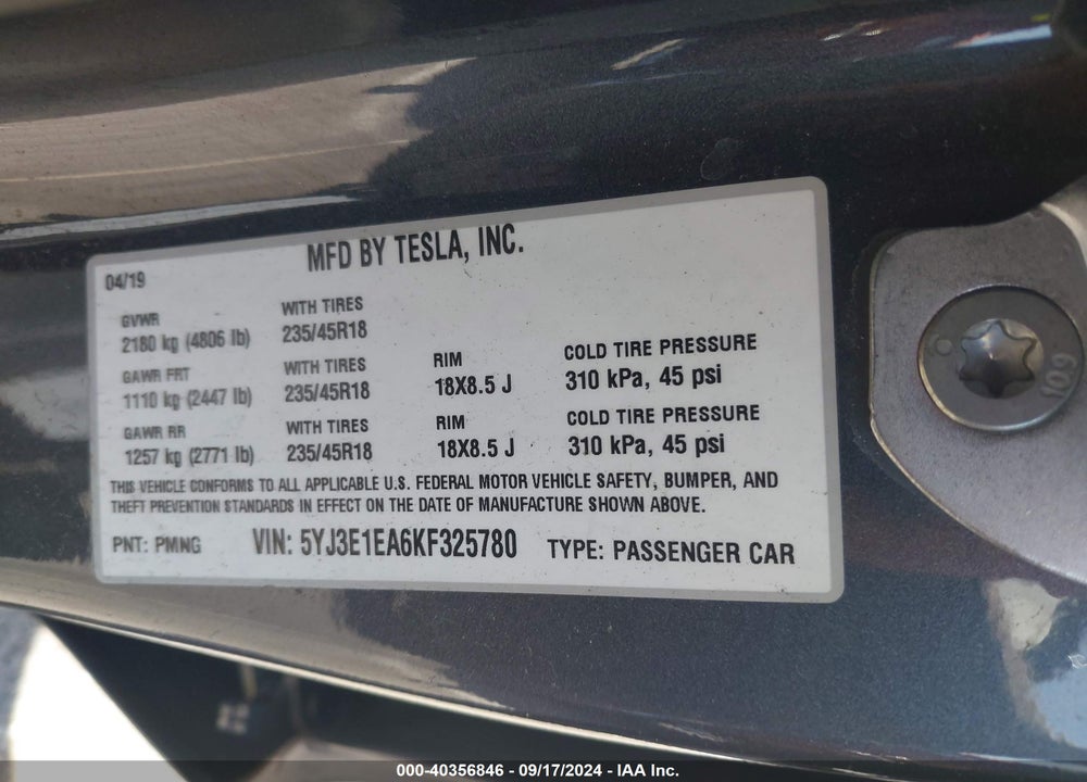 2019 TESLA MODEL 3 LONG RANGE/MID RANGE/STANDARD RANGE/STANDARD RANGE PLUS VIN: 5YJ3E1EA6KF325780