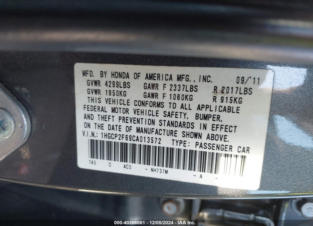 2012 HONDA ACCORD VIN: 1HGCP2F69CA013572