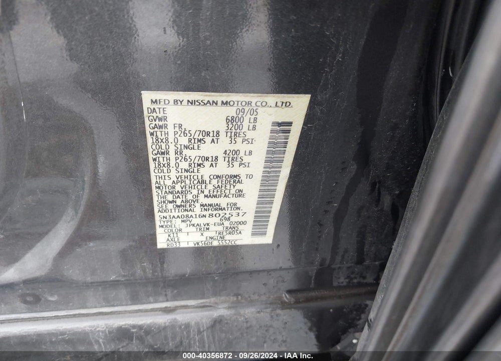 2006 INFINITI QX56 VIN: 5N3AA08A16N802537
