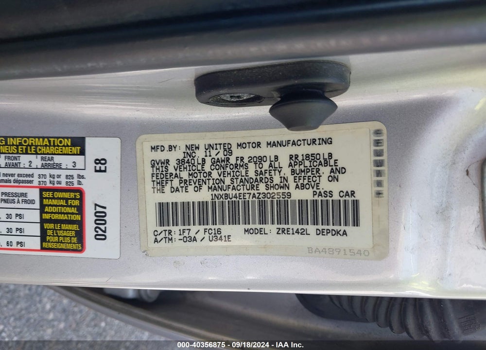 2010 TOYOTA COROLLA LE VIN: 1NXBU4EE7AZ302559
