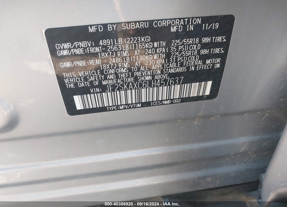 2020 SUBARU FORESTER TOURING VIN: JF2SKAXC6LH457637