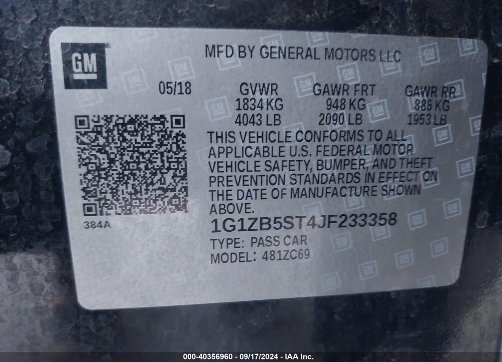 2018 CHEVROLET MALIBU 1LS VIN: 1G1ZB5ST4JF233358