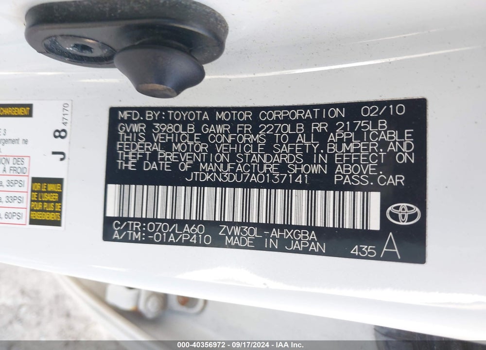 2010 TOYOTA PRIUS IV VIN: JTDKN3DU7A0137141