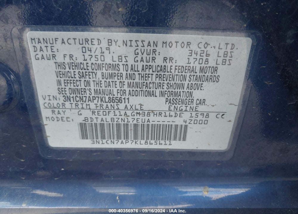 2019 NISSAN VERSA 1.6 SV VIN: 3N1CN7AP7KL865611