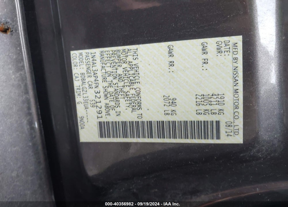 2015 NISSAN ALTIMA VIN: 1N4AL3AP4FN321291