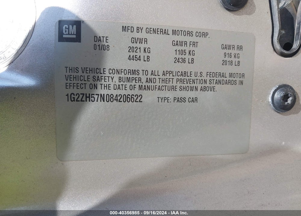 2008 PONTIAC G6 GT VIN: 1G2ZH57N084206622