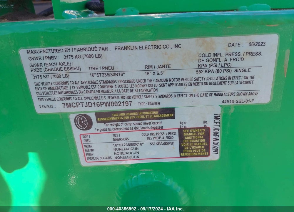 2023 TRAILER PIONEER WATER PUMP VIN: 7MCPTJD16PQ002197