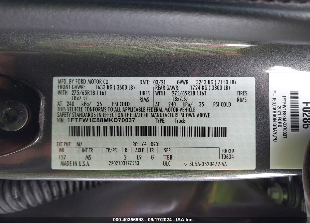 2021 FORD F-150 XLT VIN: 1FTFW1E88MKD70037