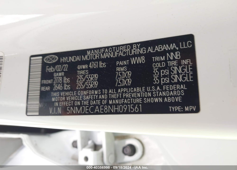2022 HYUNDAI TUCSON LIMITED VIN: 5NMJECAE8NH091561