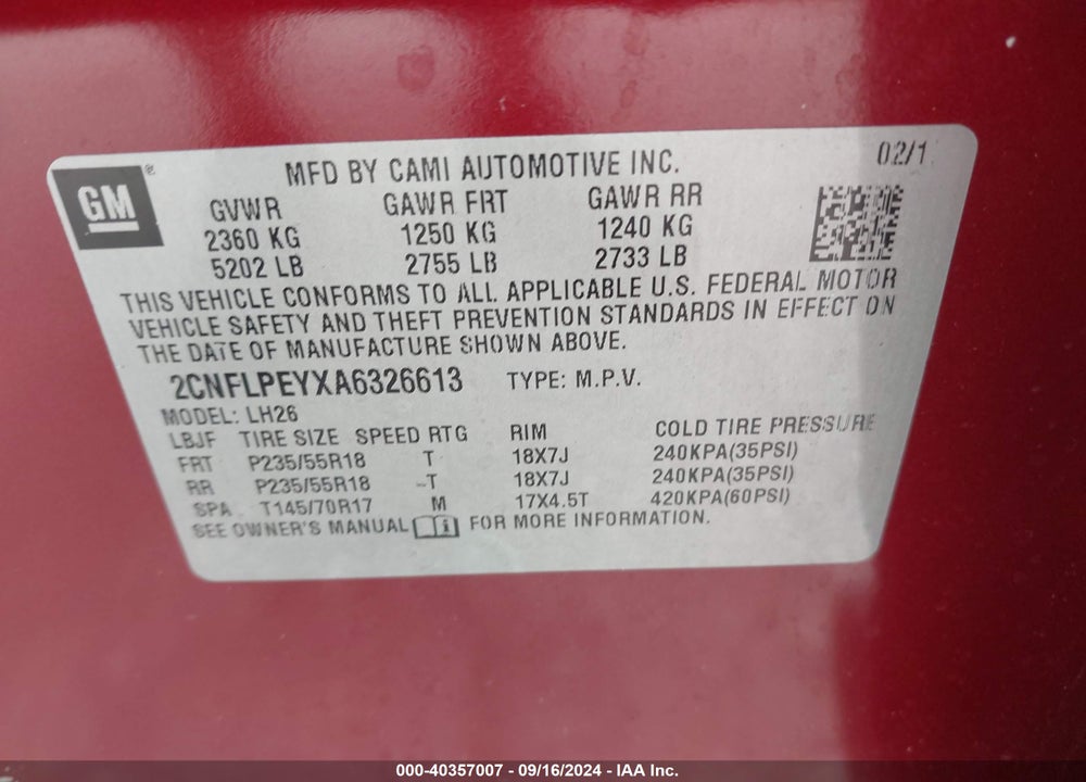 2010 CHEVROLET EQUINOX LT VIN: 2CNFLPEYXA6326613