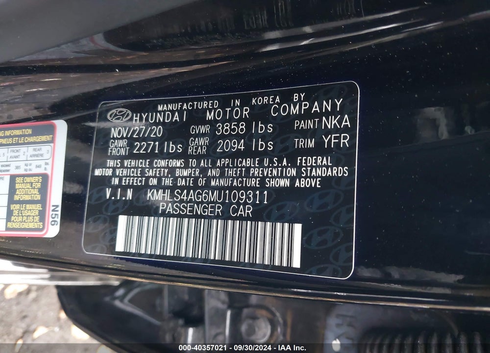 2021 HYUNDAI ELANTRA SEL VIN: KMHLS4AG6MU109311