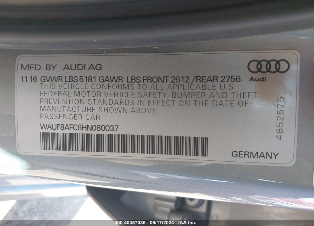 2017 AUDI A6 2.0T PREMIUM VIN: WAUF8AFC6HN080037