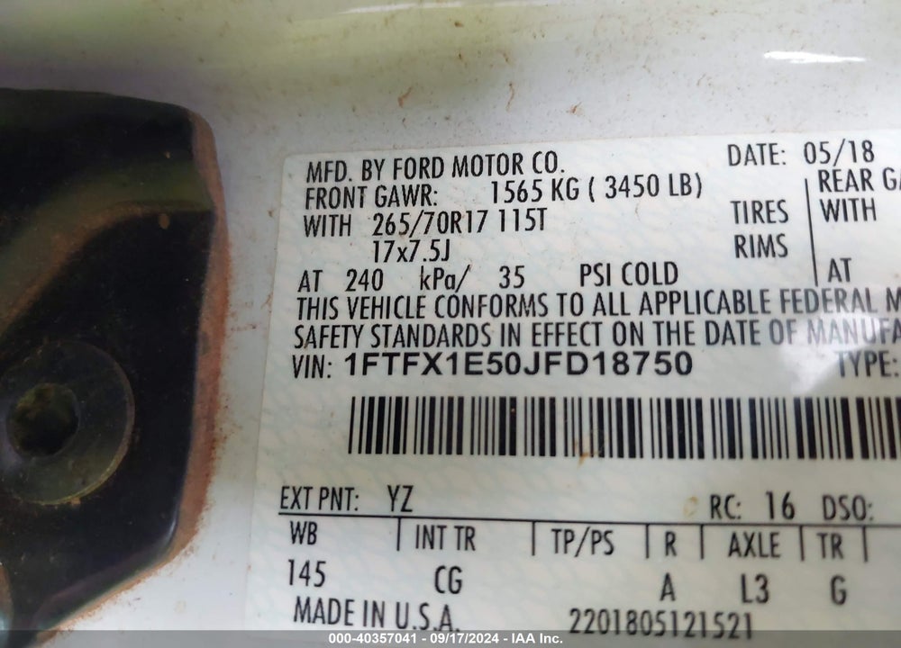 2018 FORD F-150 XL VIN: 1FTFX1E50JFD18750