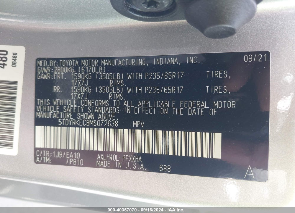2021 TOYOTA SIENNA XLE VIN: 5TDYRKEC8MS072638