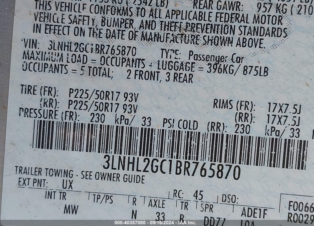 2011 LINCOLN MKZ VIN: 3LNHL2GC1BR765870