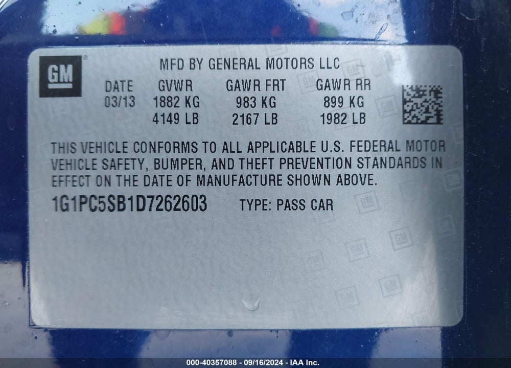 2013 CHEVROLET CRUZE 1LT AUTO VIN: 1G1PC5SB1D7262603
