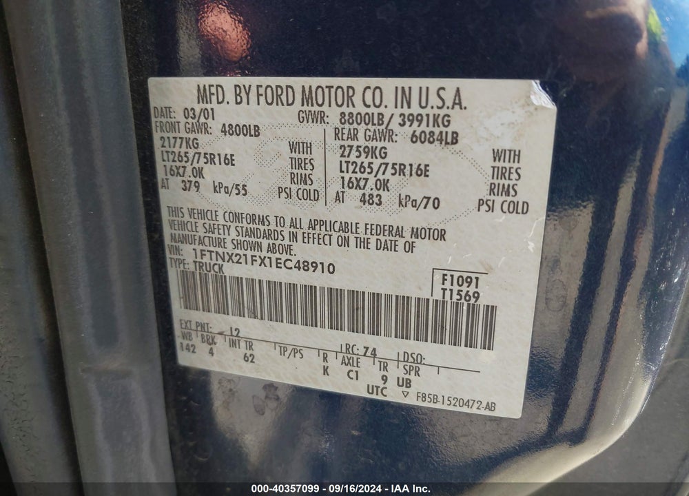 2001 FORD F-250 VIN: 1FTNX21FX1EC48910