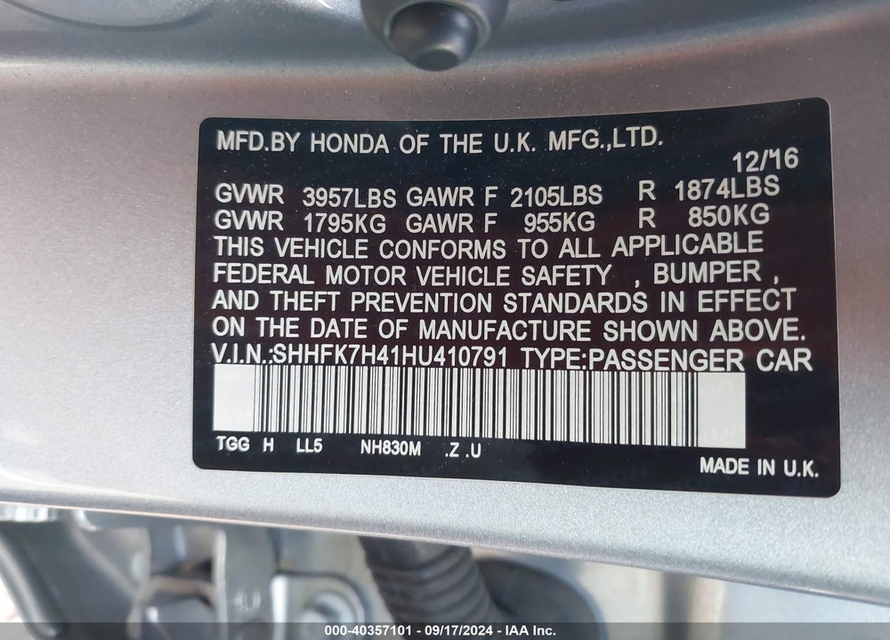 2017 HONDA CIVIC SPORT VIN: SHHFK7H41HU410791